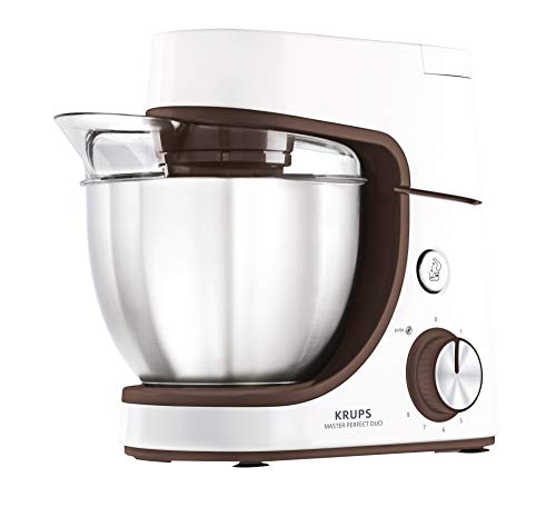 Krups KA51K1 Master Perfect Duo Küchenmaschine c 1100 Watt | 5 Geschwindigkeiten | Pulse-Funktion | 4,6 Liter Edelstahl-Schüssel | inkl. Kinder-Backset und Gebäck-Kit | Weiß/Braun