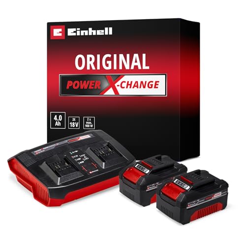 Original Einhell Starter Kit 2x 3,0 Ah Akkus und Twincharger Power X-Change (Li-Ion, 18 V, 60 min Ladezeit, passend für alle Power X-Change Geräte) im Sale