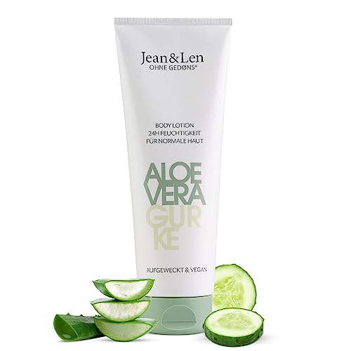 Jean & Len Body Lotion Aloe Vera & Gurke, für normale Haut, cremig-leichte Textur, versorgt die Haut 24 Stunden ausreichend mit Feuchtigkeit, Körperlotion, ohne Parabene & Silikone, vegan, 250 ml