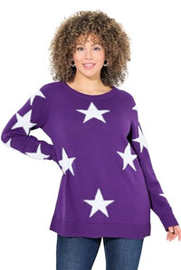 Thumbnail for Ulla Popken Damen Pullover, Glitzersterne, Rundhals, Raglan-Langarm, Dunkles Violett, 50-52 EU im Sale