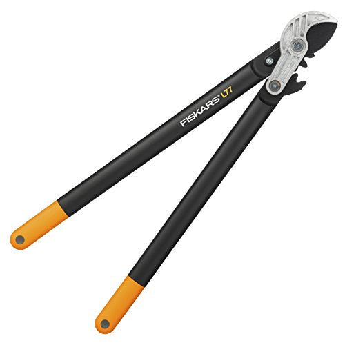 Fiskars PowerGear Amboss-Getriebeastschere für trockene Zweige und Äste, Schneide und stumpfes Gegenstück, Antihaftbeschichtet, Gehärteter Präzisionsstahl, Länge: 69 cm, Schwarz/Orange, L77, 1000583