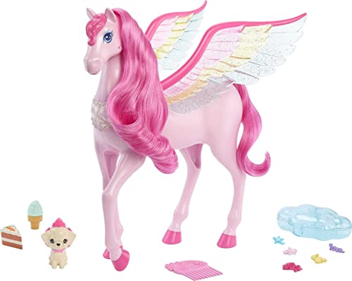 Barbie Rosa Pegasus mit 10 Zubehörteilen inklusive Welpe, geflügeltes Pferde-Spielzeug mit Lichtern und Geräuschen, Hauch von Magie im Sale