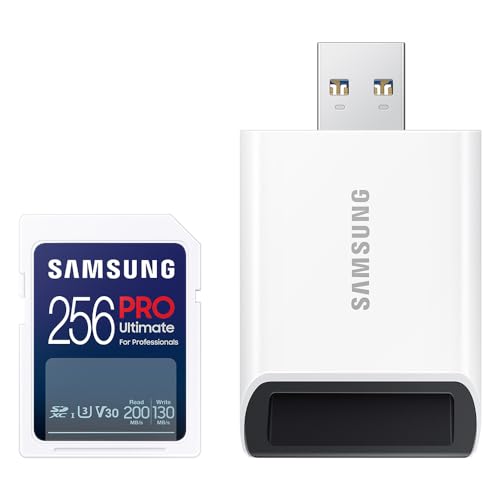 Samsung PRO Ultimate SD-Karte, 256 GB, UHS-I U3, Full HD & 4K UHD, 200 MB/s Lesen, 130 MB/s Schreiben, Speicherkarte für Kamera, PC, Drohne oder Action-Cam, Inkl. USB-Kartenleser, MB-SY256SB/WW im Sale