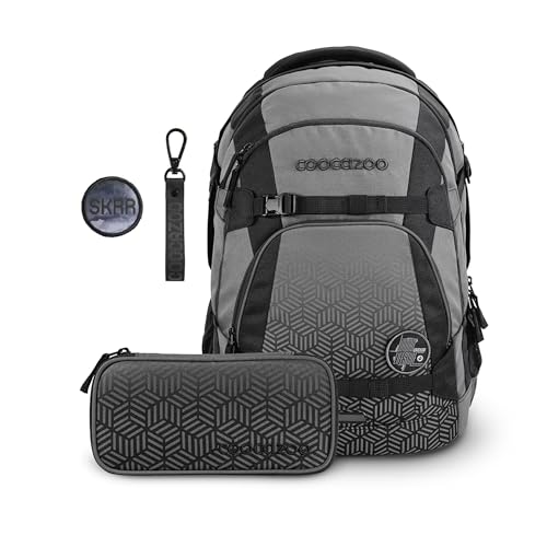 coocazoo Schulrucksack-Set Mate „Black Carbon & Music“ 3-teilig, schwarz-grau, ergonomischer 30L Tornister, höhenverstellbar, für Kinder ab der 5. Klasse, inkl. Federmäppchen & Colour UP-Set im Sale