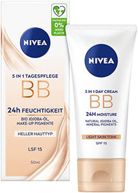 Thumbnail for NIVEA 5 IN 1 Tagespflege BB 24h Feuchtigkeit LSF 15, getönte Tagescreme für helle Hauttypen, Gesichtscreme mit Bio Jojoba-Öl und Make-Up Pigmenten