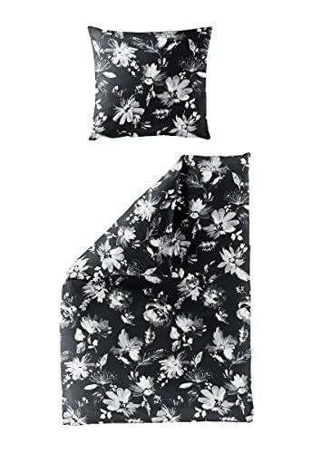 Bierbaum Mako Satin Bettwäsche 135x200cm 2 TLG. Blumen Blüten Schwarz Weiß Grau