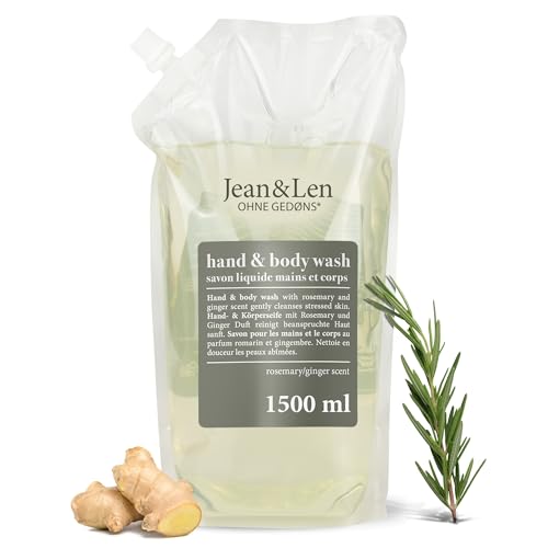 Jean & Len Hand & Body Wash Rosemary und Ginger im Nachfüllbeutel, reinigt und pflegt die Haut, würzig-frischer Duft, Flüssigseife im Nachfüllpack, ohne Silikone, Parabene & Mikroplastik, 1,5L im Sale