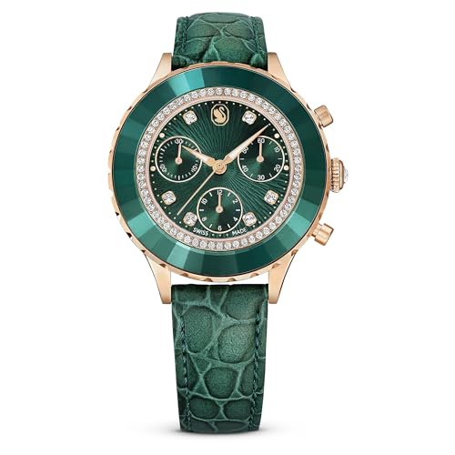 Swarovski Octea Chrono Uhr, Grüne Damenuhr mit Lederarmband und Strahlenden Swarovski Kristallen im Sale