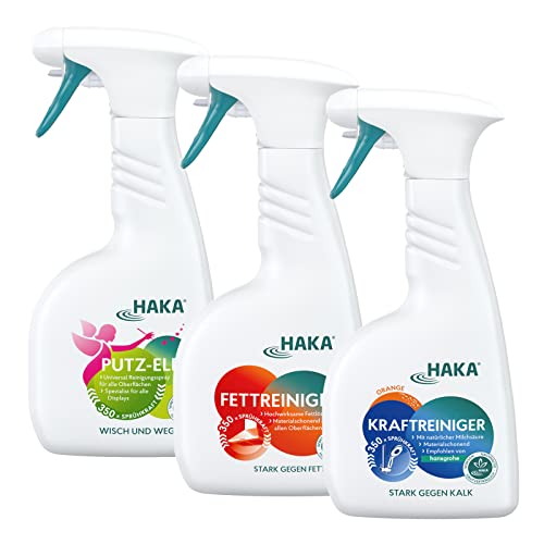 HAKA Set Flotter Dreier I 500ml Kraftreiniger I 500ml Fettreiniger I 500ml Putzelfe I Das Reinigungs-Set für hartnäckige Verschmutzungen I Reinigungsmittel für den gesamten Haushalt