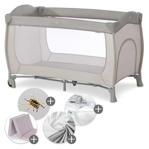 hauck Baby Reisebett Sleep N Play Go Plus XXL-Sparset mit Matratze, Insektenschutz, Betteinlage & Spannbettlaken - faltbares Kinder Babyreisebett mit Tasche - Beige im Sale