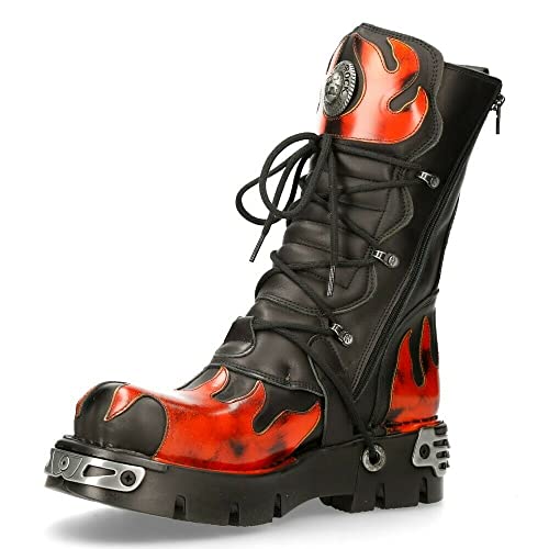 New Rock 591-S1 Stiefel Rotes Flammen Metallisches Schwarzes Leder Gote Punk Biker Fashion 44 im Sale