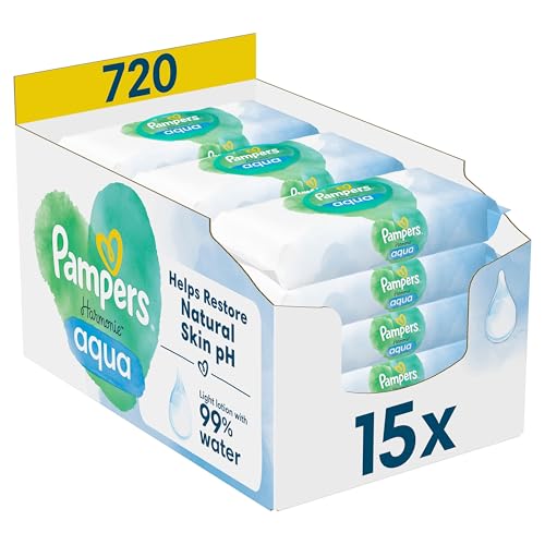 Pampers Harmonie Aqua Feuchttücher 15 Packungen mit jeweils 48 Feuchttüchern - 720 Feuchttücher, die helfen, den natürlichen pH-Wert der Haut wiederherzustellen, leichte Lotion mit 99% Wasser im Sale