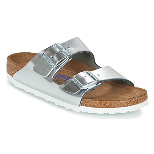 BIRKENSTOCK Damen Arizona Leder Softfootbed Pantoletten, Silber (Metallic Silver), 41 EU im Sale