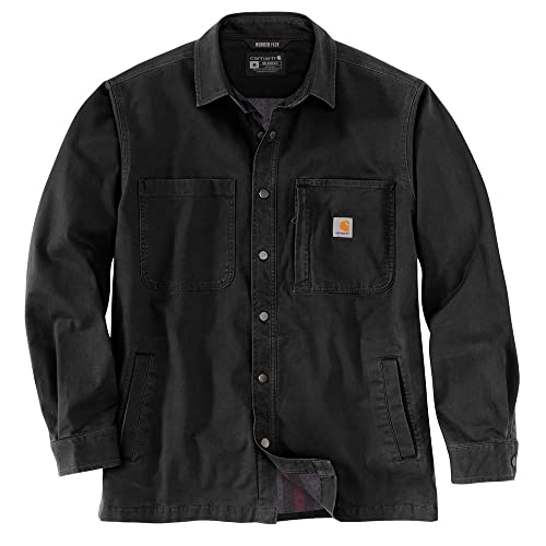 Carhartt Men's Rugged Flex Relaxed Fit Canvas Fleece-Lined Snap-Front Jac Work Utility Button Down Shirt, Black, im Sale