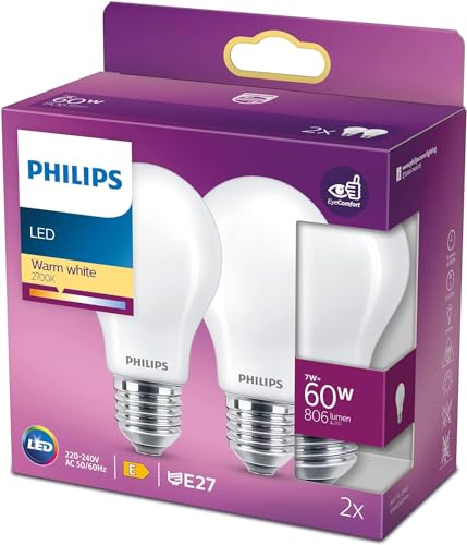 Philips LED classic Lampe 60 W, E27, warmweiß (2700K), 806 Lumen [Energieklasse A++], matt im Sale