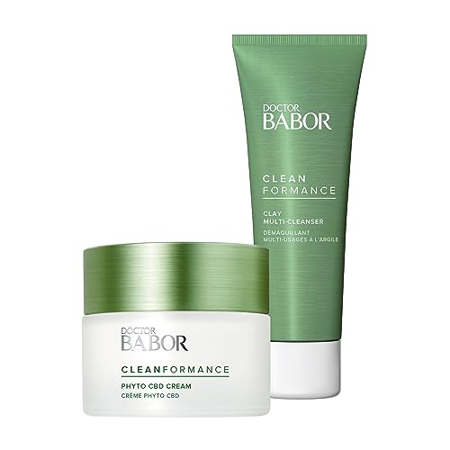 DOCTOR BABOR Clean & Vital Hautpflegeroutine für empfindliche Haut, CBD Gesichtscreme für strapazierte Haut, Mit Cannabidiol + Clay Multi-Cleanser für jede Haut, Milde Reinigung, Vegane Formel,2x50 ml im Sale