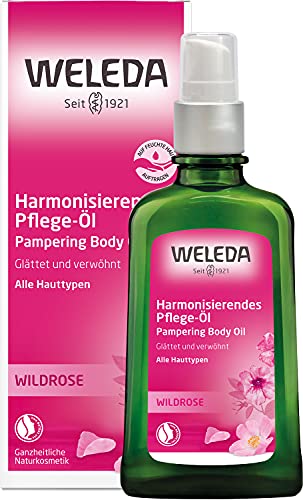 WELEDA Bio Wildrose Körperöl - ätherisches Naturkosmetik Hautpflege Massageöl / Pflegeöl mit Jojobaöl & Mandeöl zur Pflege von trockener Haut mit angenehmen Rose & Ylang Ylang Duft (vegan, 100ml) im Sale