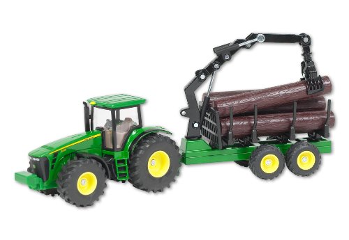 siku 1954, John Deere Traktor mit Forstanhänger, 1:50, Metall/Kunststoff, Grün, Funktionsfähiger Ladearm und Greifer im Sale