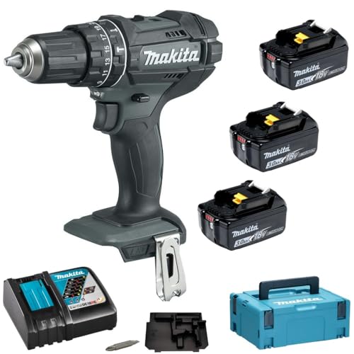 Makita DHP482F3JB Akku-Schlagbohrschrauber 18V in schwarz / 3,0 Ah, 3 Akkus + Ladegerät im MAKPAC