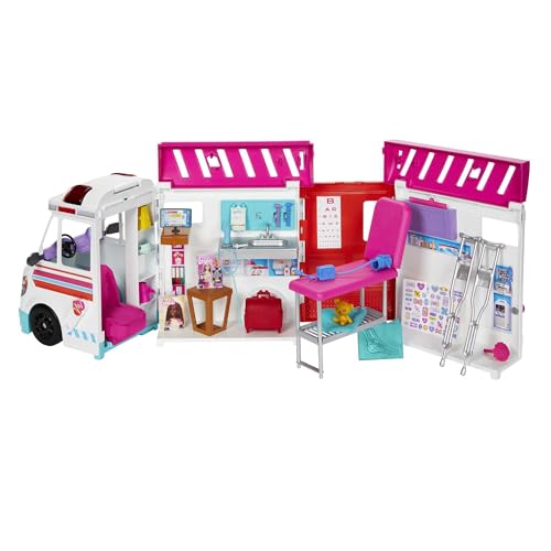 Barbie 2-in-1-Krankenwagen Spielset, Rettungswagen mit Lichtern und Geräuschen, umwandelbar in Pflegeklinik, 20 Puppenzubehör, Spielzeug ab 3 Jahren, HKT79 im Sale