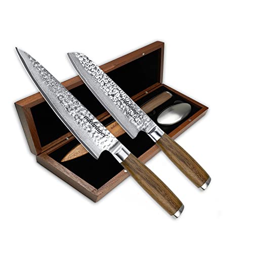 adelmayer® Damastmesser Set SAPPORO - 2-teiliges Messerset aus japanischem Damast-Stahl: Santoku Messer, Küchen Messer (Klingenlänge: 17,5 & 20,0 cm) - mit Holzgriff & Zubehör