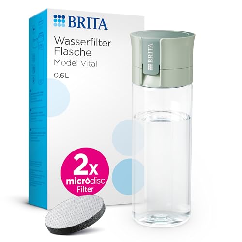 BRITA Wasserfilter Flasche Model Vital hellgrün (600ml) inkl 2 MicroDisc Filter – Praktische Trinkflasche mit Wasserfilter für unterwegs, filtert Chlor & Bakterien beim Trinken/spülmaschinengeeignet im Sale