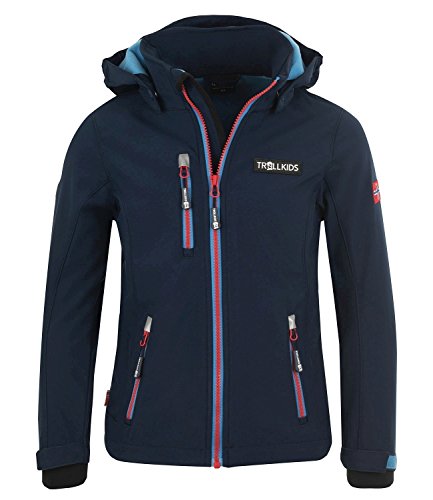 Trollkids Kinder Softshell Jacke Preikestolen, Marineblau/Mittelblau/Rot, im Sale