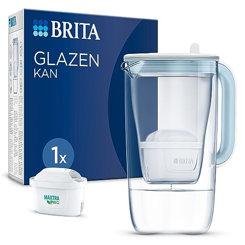 BRITA Wasserfilterkaraffe aus blauem Glas (2,5 l) inkl. 1 Filterkartusche für Wasserhahn Maxtra Pro All-in-1, reduziert PFAS*, Kalk, Chlor, bestimmte Verunreinigungen und Metalle zur Anzeige von Zeit im Sale