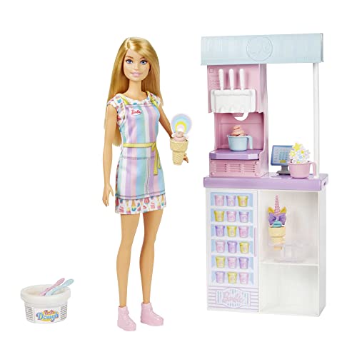 Barbie You Can Be Anything Serie, Eisdiele, 1x Barbiepuppe mit blonden Haaren, Eismaschine, Barbieknete, Backzubehör, Zubehör, Geschenk für Kinder, Spielzeug ab 3 Jahre,HCN46 im Sale