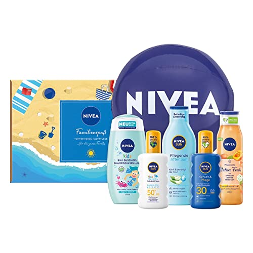 NIVEA Familienspaß Set, Sonnenschutz Pflegeset für die ganze Familie, praktisches Geschenkset mit Sonnenspray, Pflegedusche, Wasserball und mehr