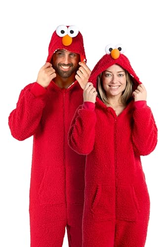 OppoSuits Adult Unisex Elmo Onesie - Sesamstraße Einteiliger Schlafanzug - Lose Passform - Inklusive Taschen - Rot im Sale