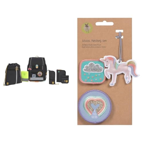 LÄSSIG 7-teiliges Schulranzen Set Kinder/School Set Boxy Unique Schwarz & Anhänger und Patches Set (3 STK.) mit Druckknopf/School Patches Set Unicorn Glitter im Sale