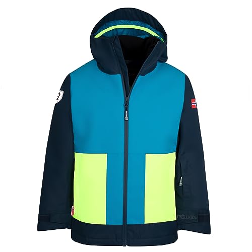 Trollkids wasserdichte atmungsaktive Kinder Ski-Jacke RAULAND, Vivid-Blau/Mitternachtsblau/Helles Limegrün, im Sale