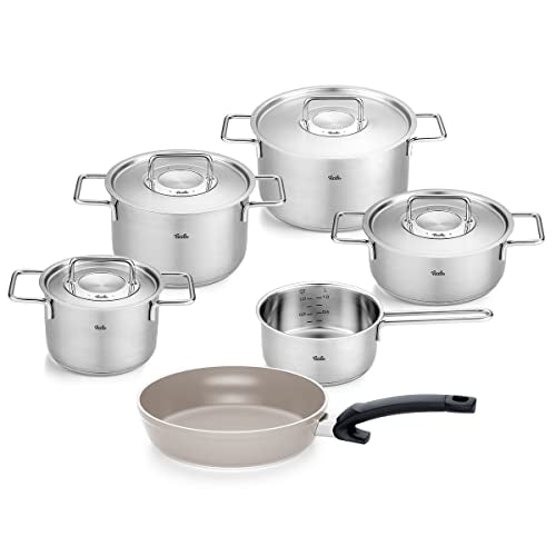 Fissler Pure Collection / Edelstahl-Kochtopfset, 6-teilig, Töpfe mit Metall-Deckel (3 Kochtöpfe,1 Bratentopf 1 Stielkasserolle, Ceratal Comfort Pfanne 24 cm) - Induktion, Silber im Sale