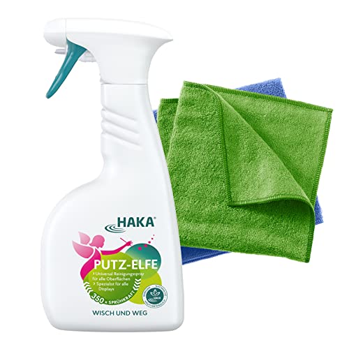 HAKA Set Sauberzauber | HAKA Putz-Elfe Glasreiniger 500ml | 2 Stk. Bambus-Baumwolltücher | Universalreiniger zur Reinigung von Fenster, Spiegel, Smartphone, Bildschirm | Streifenfrei putzen