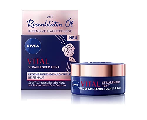 NIVEA Vital Strahlender Teint Regenerierende Nachtpflege (50 ml), Gesichtscreme für vitale, gesund aussehende Haut, Nachtcreme mit Rosenblüten Öl, Calcium und Kreatin