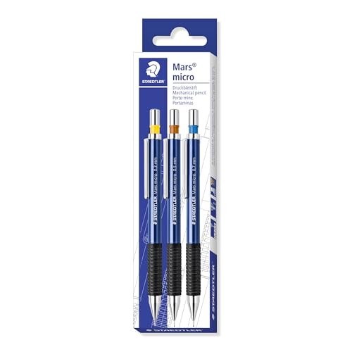 STAEDTLER Mars micro 775 SC WP3 Druckbleistift, rutschfeste Gummigriffzone, Set mit 3 Linienbreiten 0.3, 0.5, 0.7, blau, nachfüllbar, taschensicher, bruchgeschützt, hohe Qualität