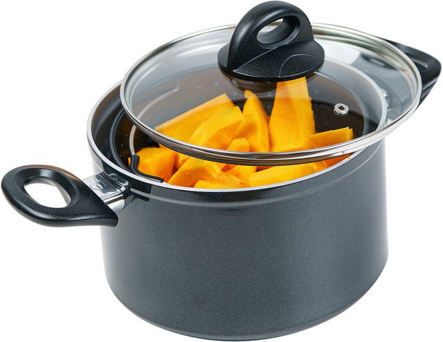 Genius Spaghettitopf Cerafit Magic Pot, (Set, 8-tlg., Pot, ⌀ 24 cm, Sieb, ⌀ 24 cm, Glasdeckel, ⌀ 24 cm, 2in1 Schwämme 5tlg), direkt entnehmbares Sieb, Induktion