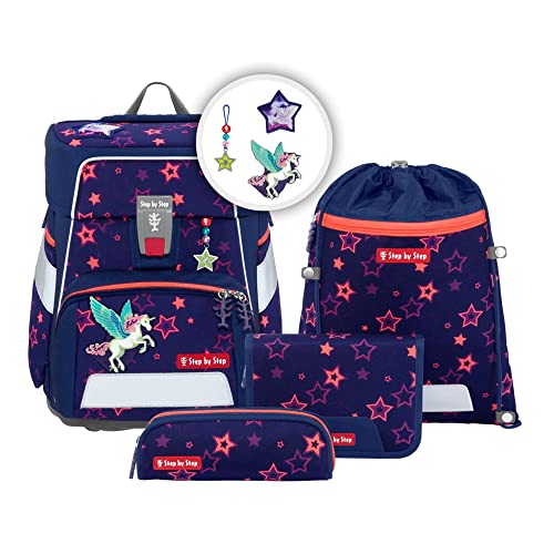 Step by Step Schulranzen-Set SPACE SHINE „Pegasus Night Nuala“ 5-teilig, ergonomisch mit Reflektoren, höhenverstellbar mit Hüftgurt, Grundschule, 1. Klasse, 20L, lila-rosa, Pferd im Sale