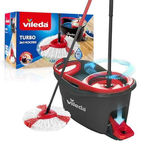 Vileda TURBO Wischmopp Komplett Set, Bodenwischer mit Mikrofaser-Moppkopf, Teleskopstiel (58-123cm), Eimer mit Schleuder und Fußpedal, für alle Böden, nachhaltiges Wischsystem, Eco-Verpackung im Sale