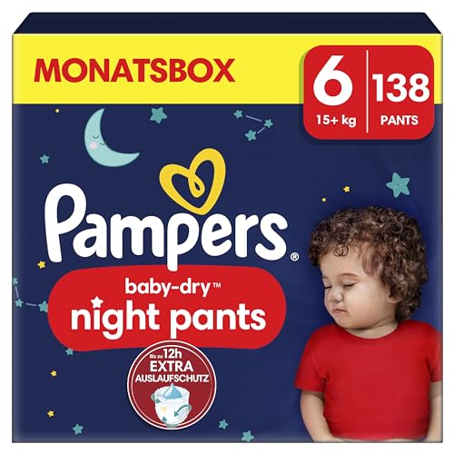 Pampers Night Windeln Pants Größe 6 (15+kg) Baby-Dry, MONATSBOX, Windelhöschen bieten zusätzlichen Schutz für die ganze Nacht, 138 Höschenwindeln