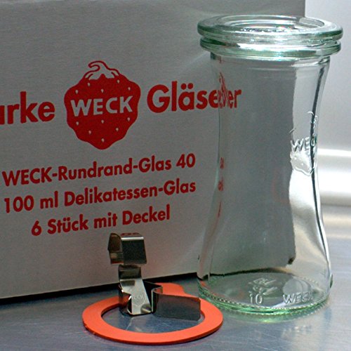 6 Stück Weck Delikatessen - Glas 100ml / RR40 mit Glasdeckel, Ringen und Klammern im Original Karton (Mit Glasdeckel, Ringen und Klammern) im Sale