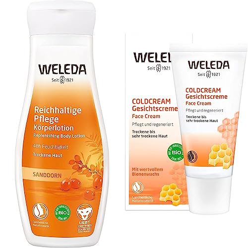 WELEDA Bio Bodylotion Sanddorn Reichhaltige Pflege – Vitalisierende Naturkosmetik Körperlotion spendet bis zu 48h intensive Feuchtigkeit. (1x 200ml) & Bio Coldcream im Sale