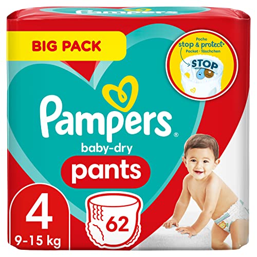 Pampers Windeln Pants Größe 4 (9-15kg) Baby-Dry, Maxi, BIG PACK, mit Stop- und Schutz Täschchen, 62 Höschenwindeln