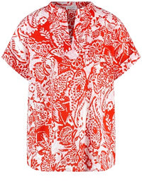 Thumbnail for Gerry Weber Damen Legeres Blusenshirt aus Baumwolle Kurzarm, mit Ärmelaufschlag, überschnittene Schultern Gemustert Ecru/Weiss/Rot/Orange Druck 38 im Sale