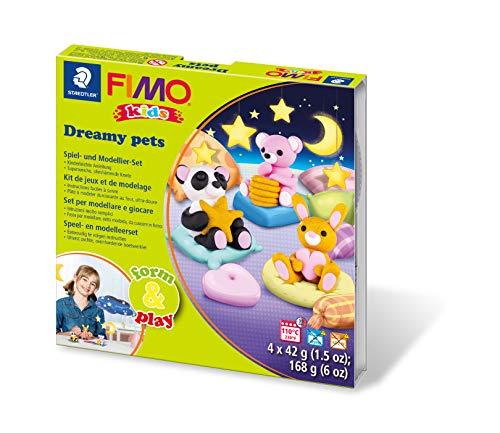 STAEDTLER Spiel- und Modellier-Set FIMO kidsDreamy-Pets, besonders weiche Modelliermasse, spannende kindgerechte Projekte fördern die Feinmotorik und Kreativität, 8034 28 LY