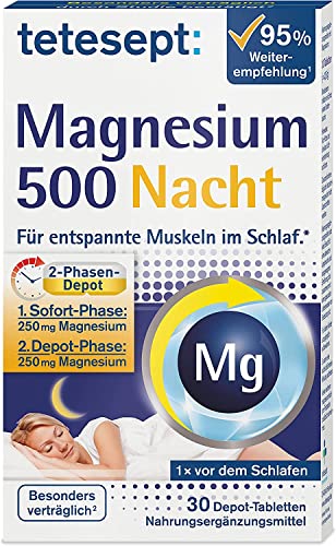 tetesept Magnesium 500 Nacht – Nahrungsergänzungsmittel mit hochdosiertem Magnesium – entspannte Muskeln im Schlaf mit Magnesium Tabletten – 1 x 30 Tabletten im Sale