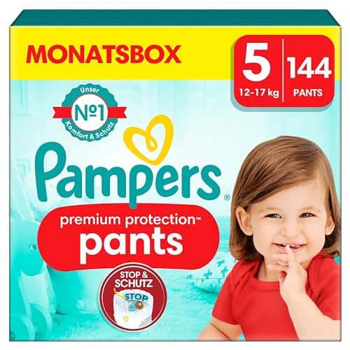 Pampers Baby Windeln Pants Größe 5 (12-17kg) Premium Protection, Junior mit Stop- und Schutz Täschchen, MONATSBOX, 144 Höschenwindeln