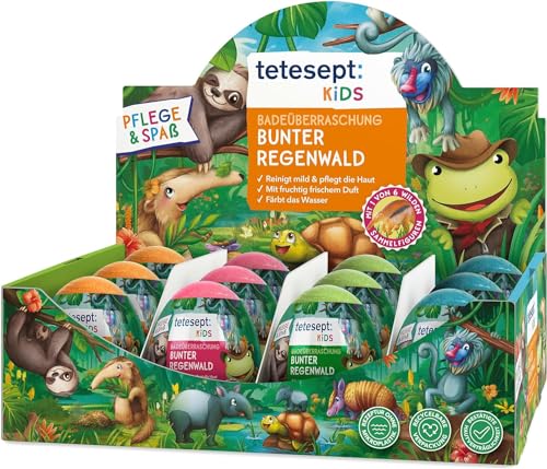 tetesept KIDS Badeüberraschung Bunter Regenwald – Sprudelnde Badekugel mit fruchtigem Duft und Sammelfigur – Sprudelspaß und farbenfrohes Wasser – 12 x 172 g