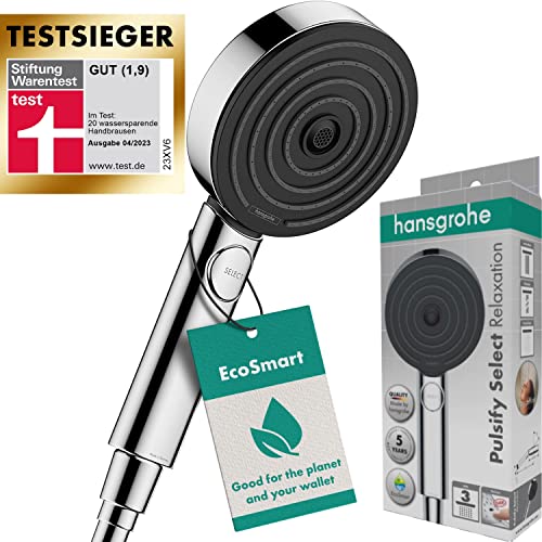 hansgrohe Pulsify Select - wassersparender Duschkopf 9 l/min (EcoSmart), Handbrause mit 3 Strahlarten (Relaxation Version), Duschbrause (⌀105mm), Sparduschkopf mit Antikalk-Funktion, Chrom, 24111000 im Sale